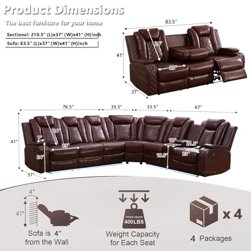 Image of Power Recliner Sectional Sofa Set with LED, Luxury Breathing Leather Reclining Corner Couch Set, 9 Seat L-Shaped Sofa Couch Set with 3 Seats Sofa, Cup Holders /Storage for Living Room