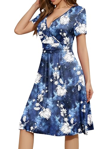 Image of WEACZZY Women's Summer Short Sleeve Casual Dresses V-Neck Floral Party Dress with Pockets