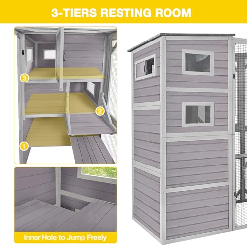 Image of Aivituvin Catio Outdoor Cat Enclosure Feral Cat House Large Kitty Shelter with Run Cat Cage with Platforms 76.8 inch L x 35.8 inch W x 69.3 inch H,Grey