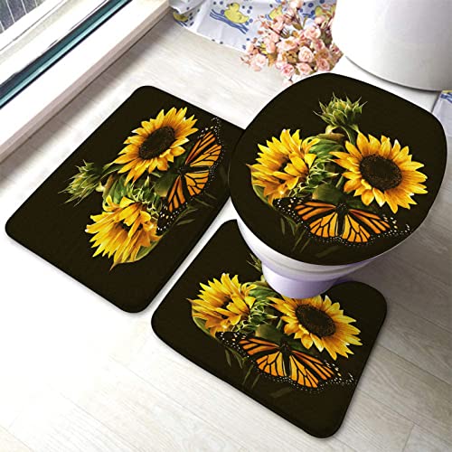 Badezimmerteppich-Set, 3-teilig, Sonnenblumen- und Schmetterlingsfoto, waschbare Badeteppiche, rutschfest, mit Rückenpolster, Konturteppich und Toilettendeckelbezug