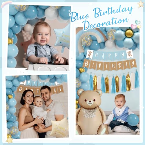 Boho Blue Birthday Decoration Set for Girls Boys - Bear Happy Banner, Foil Balloon, Paper Tassels for First Birthday Party Baby Shower - Image 5