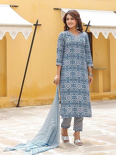 Image of GoSriKi Women's Cotton Blend Straight Printed Kurta with Pant & Dupatta