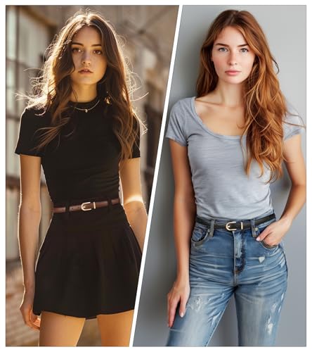 2 Pack Women's Skinny Genuine Leather Belt with Gold Buckle for Jeans2