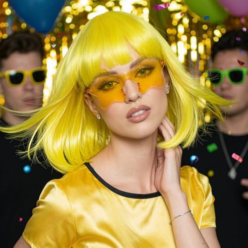 Image of ANOGOL Yellow Bob Wig with Bangs Short Yellow Wigs for Women Funny Costume