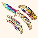GOLDENSUN Rainbow dragon pocket knife GLX102RB, 8.5' overall,4' rainbow titanium coating blade,metal rainbow handle