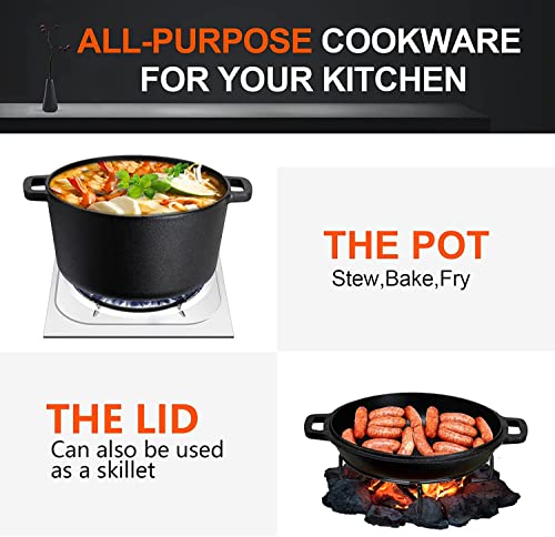 Overmont Gusseisen Topf Dutch Oven einsatzfertig eingebrannt Doppelfunktion Deckel/Bratpfanne für Küche Camping Garten BBQ Backen Gasgrill 4