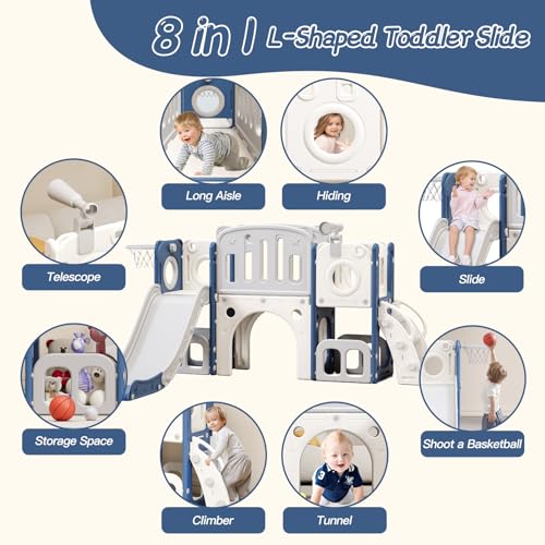 8 in 1 Toddler Slide,Kids Climber Slide with Storage Space and Non-Slip Steps,Indoor Outdoor Playset with Basketball Hoopa and Telescope,Slide for Toddlers Age 1-8 (White+Blue)