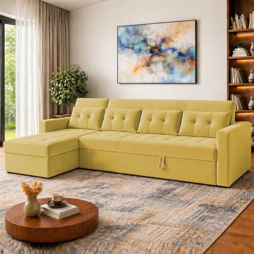 Image of Emilio 6 Seater LHS L - Shape Pull-Out Sofa Cum Bed Sofa for Living Room (Yellow Fabric Color) Premium Fabric Sofa Set for Living Room Sofa Cum Bed