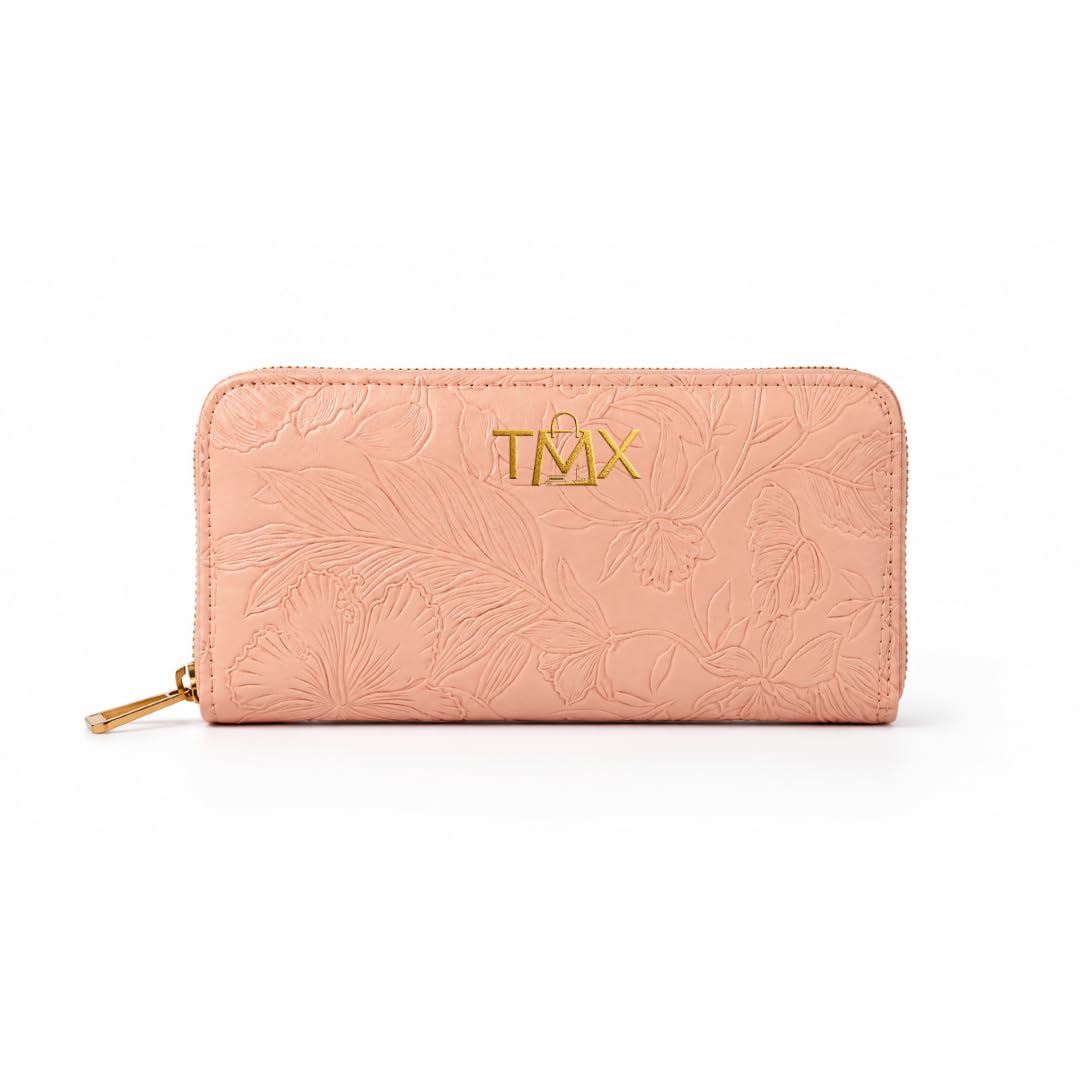 Women’s Zip Around Wallet | Floral Embossed Long Wallet with Multiple Card Slots, Cash Compartments & Secure Zipper Closure | Stylish Wallet for Daily Use (Pink)-image-45