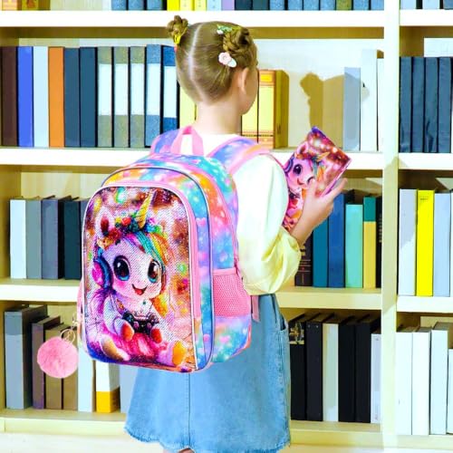 Image of 3Pcs Unicorn Backpack for Girls, 16 inch Kids Sequin Bookbag with Lunch Box, Cute Water Resistant Schoolbag for Preschool Kindergarten Toddler(Pink)