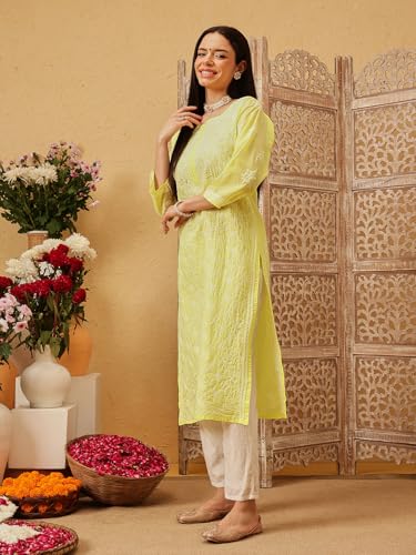 Image of Ada Women's Cotton Straight Fit Straight Hand Embroidered Lucknowi Chikankari Kurta Kurti A411165