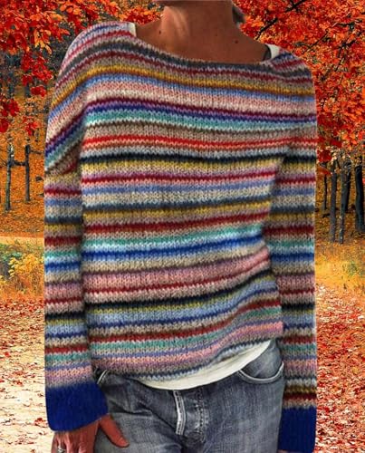 LOAIHA Women's Vintage Fair Isle Pullover Sweater Fall Winter Oversized Casual Striped Crewneck Long Sleeve Knitted Tops2