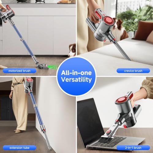 Image of Cordless Vacuum Cleaner, Powerful Stick Vacuum with Green Light Anti-Tangle Brush, Removable Battery, 6-in-1 Lightweight Handheld for Pet Hair, Carpet & Hard Floors, Red