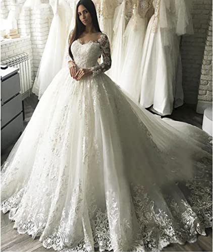 XYAYE Long Sleeve Wedding Dresses for Bride Lace Applique Modest Wedding Gowns with Train Bridal Dresses for Women3