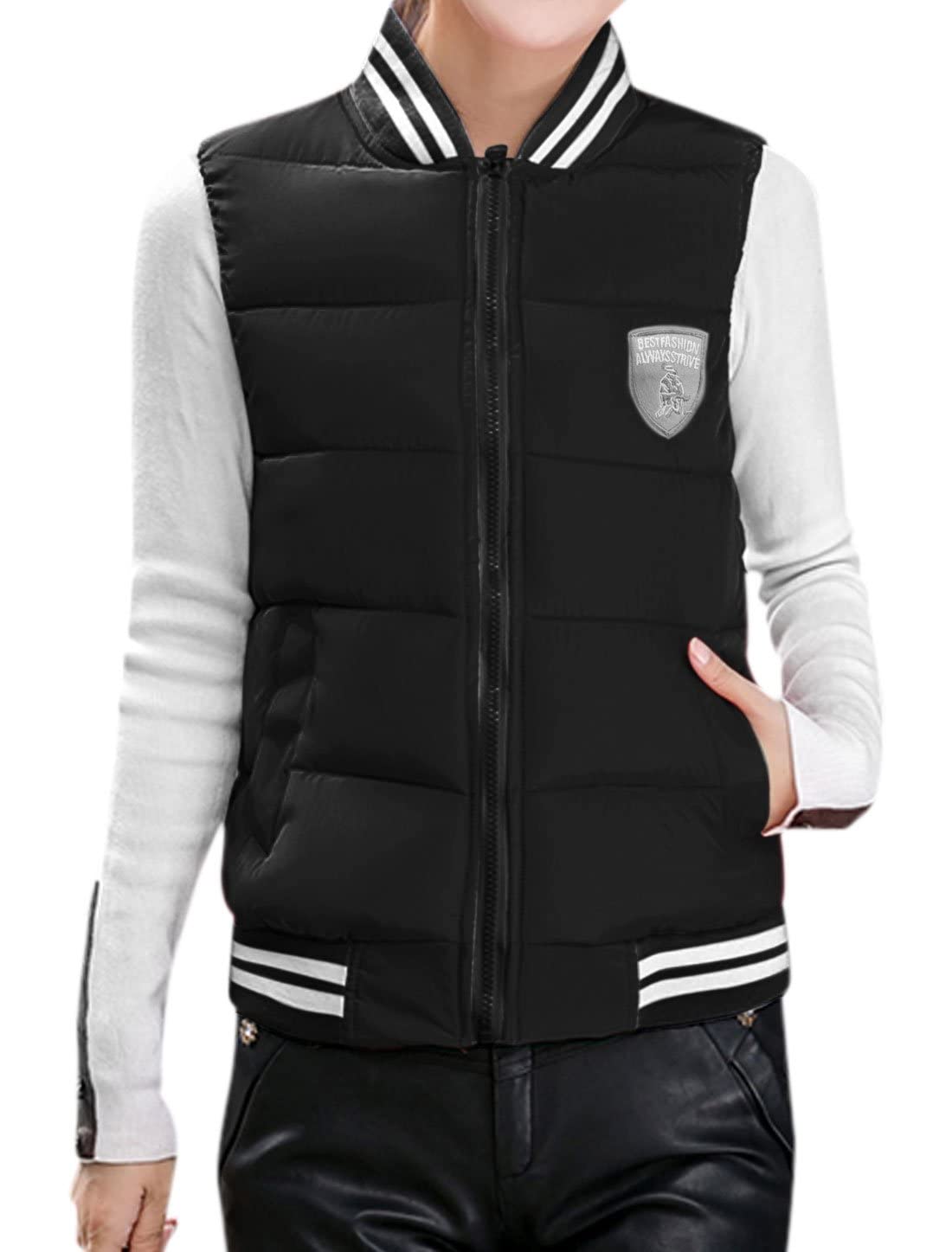 KTM Healthcare® Small (6), Black : Women Stand Collar Varsity Stripes Emblem Decor Full Zip Padded Vest