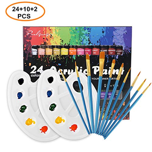 Juego de pintura acrílica, 24 colores, tubos de pintura acrílica, 12 ml, 10 pinceles, 2 paletas, para lienzo, madera, cerámica, pintura de tela, para artistas principiantes