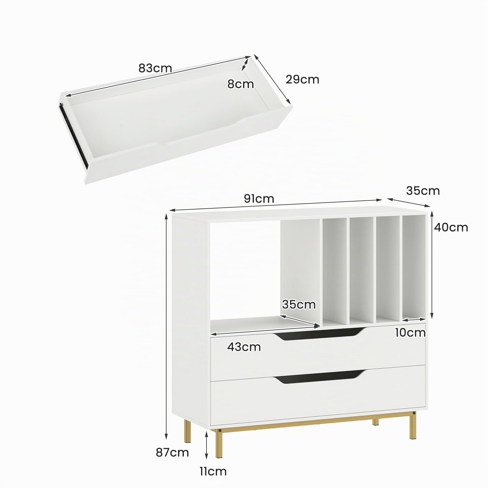 KOMFOTTEU Mueble para Tocadiscos con Compartimento Abierto y 2 Cajones, Soporte de Discos de Vinilo con Patas de Metal, Expositor para Discos para Dormitorio, Salón, Estudio, 91 x 36 x 87 cm (Blanco)