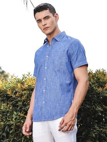Image of Thomas Scott Men's | Solid | Linen Blend | Slim Fit | Short Sleeve | Spread Collar | Casual |Shirts for Men