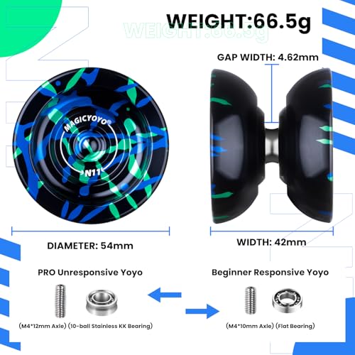 Image of MAGICYOYO N11 Professional Unresponsive Yoyo N11 Dual Purpose Alloy Trick YoYo Ball with Bag, Glove, 12 Strings and Responsive Bearing Kit (Black Blue Green)