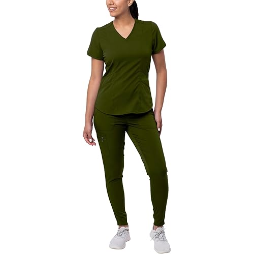 Adar Pro Modern Athletic Scrub Set For Women - Modern V-Neck Scrub Top & Yoga Jogger Scrub Pants