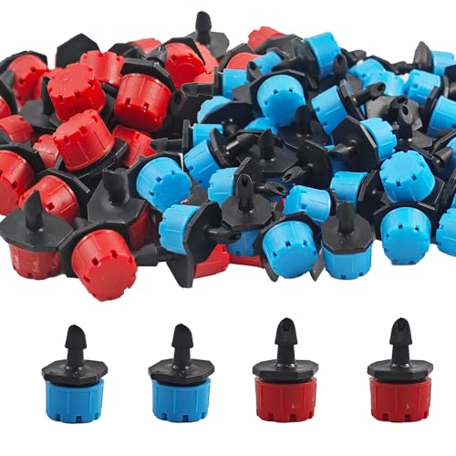 Runseaway 120Pcs 360 Degree Adjustable Irrigation Drippers Sprinklers, 1/4 Inch Anti-Clogging Emitters for Drip Watering System, Garden Irrigation, Red&Blue