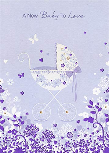 Designer Greetings White Stroller and Purple Foil Flowers, Hearts and Vines New Baby Congratulations Card