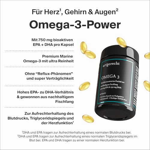 OMEGA 3 – täglich 1000mg Omega-3 Fettsäuren (mit 500 mg EPA & 250 mg DHA) | 60 Kapseln aus Fischgelatine | Nachhaltiges Fischöl, niedriger TOTOX