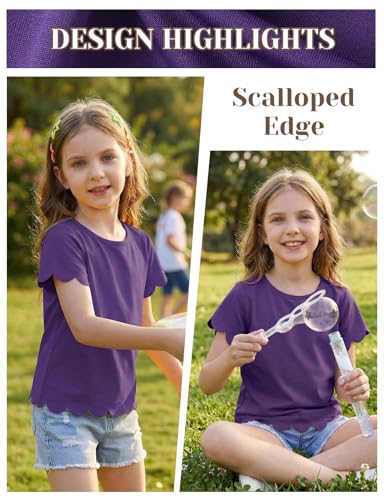 Image of Noomelfish Girls Short Sleeve Scalloped Edge T-Shirts Casual Cute Summer Tee Tops Blouse (5-12 Years)