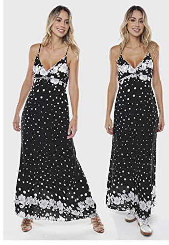 Vestido Longo Estampado Floral e Bolinhas Viscose Sob Preto (P)