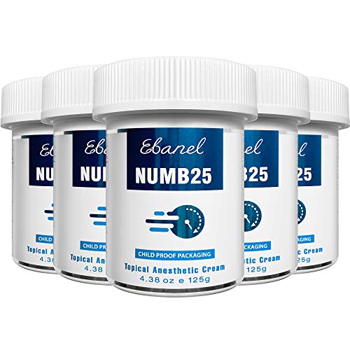 Ebanel 5% Lidocaine Topical Numbing Cream Maximum Strength, 5-Pack of 4.38 Oz, N25 Pain Relief Cream Anesthetic Cream Infused with Aloe Vera, Vitamin E, Lecithin, Allantoin, with Child Resistant Cap