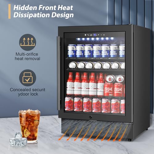 Image of Tylza Beverage Refrigerator 24 Inch, Under Counter /Freestanding Drink Fridge, 190 Cans Beverage Cooler with Glass Door, Reversible Door, Low Noise, Quick Cooling - for Beer, Soda, ETC, Black