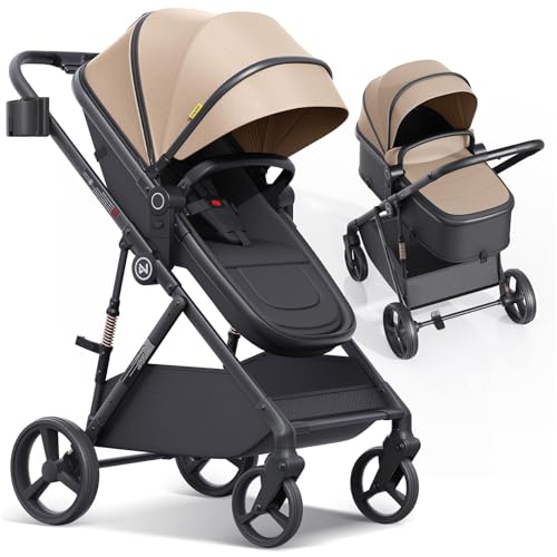 Image of newyoo Toddler Stroller with Newborn Bassinet Mode, Baby/Infant Strollers w Convertible/Reversible Seat & Cup Holder, Coches para Bebes, 2-in-1 Rear-Facing Pram, One-Hand Quick Fold, Revo C10, Khaki