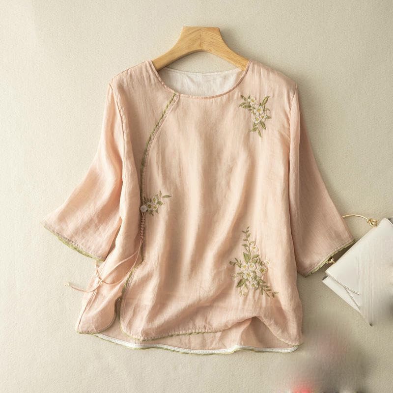 Women's National Style Retro Embroidered Floral Top Side Frog Button Cotton Linen Summer Blouse