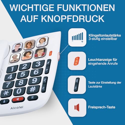 ALCATEL TMAX 10 - Schurgebundenes Festnetztelefon für Senioren - Große Tasten - Freisprechfunktion - Visuelle Anzeige für eingehende Anrufe - Tasten mit Fotos - Hörgerätekompatibel - Weiß