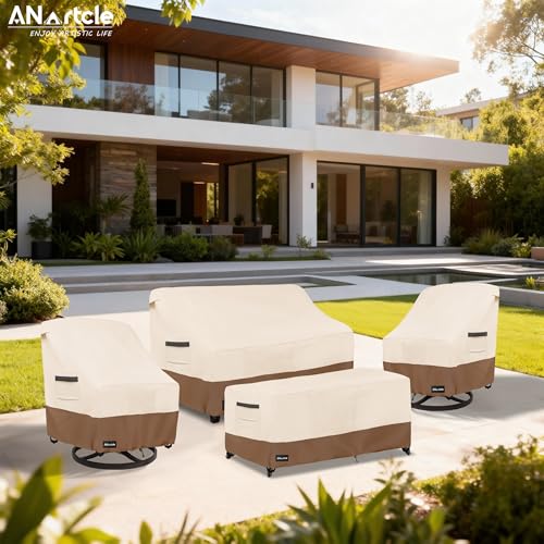 Image of ANartcle Patio Furniture Covers 4 Piece Set, 600D Waterproof Heavy Duty Outdoor Furniture Covers,Fit Wicker Patio Loveseat, Swivel Rocker Chair and Coffee Table,Beige&brown