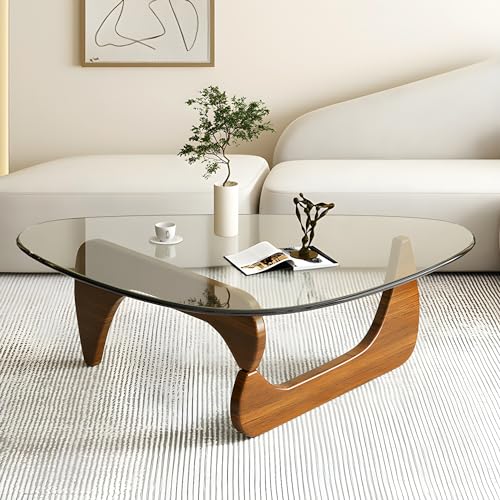 CODOMI Mid-Century Triangle Glass Coffee Table Vintage Glass End Table, Wood Base and Triangle Clear Glass Top Modern Tea Table for Living Room Patio Study - Brown