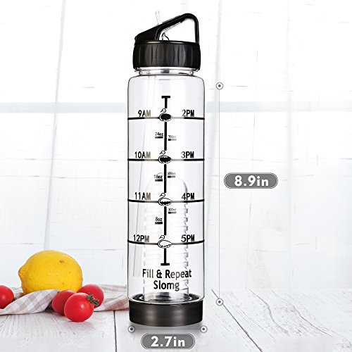Easy Clean 32 Oz Straw Water Bottle, Leak Proof Measurement Markings