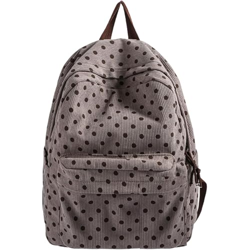 Cute Polka Dot Pattern Corduroy Backpack Preppy Style Casual Travel Bag with Pendant Student Backpack (Gray)
