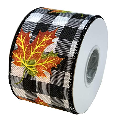 Image of Fall Leaves Buffalo Plaid Ribbon - 2 1 /2 inch x 10 Yards, Wired Edge, Orange Leaf, Black and White Plaid, Halloween, Thanksgiving, Fall Decor, Christmas, Rustic, Farmhouse, Wreath Decor, Craft Decoration