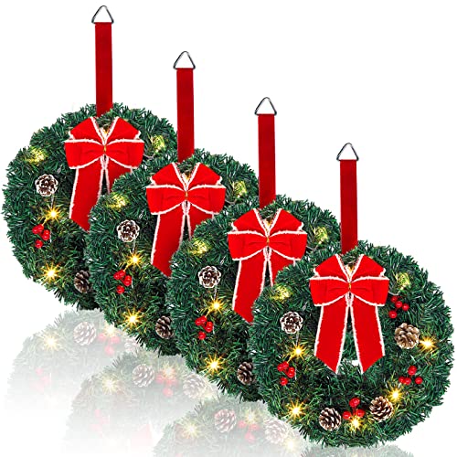 Jexine 4 Set Lighted Christmas Wreath With Large Red Bow Ornaments Pre Lit Small Xmas Wreath Led Christmas Wreath Artificial Lighted Door Wreath For Holiday Wall Hanging Party Decor (12 Inch) #TOP19