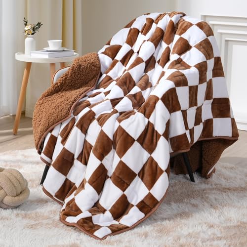 Cottonblue Checkerboard Weighted Blanket for Adults Twin Size 15 lbs 48" x 72", Fluffy Sherpa Flannel Heavy Weighted Throw Blankets for Bed Couch Sofa, Ultra Soft Cozy Bed Blanket, Plaid Khaki