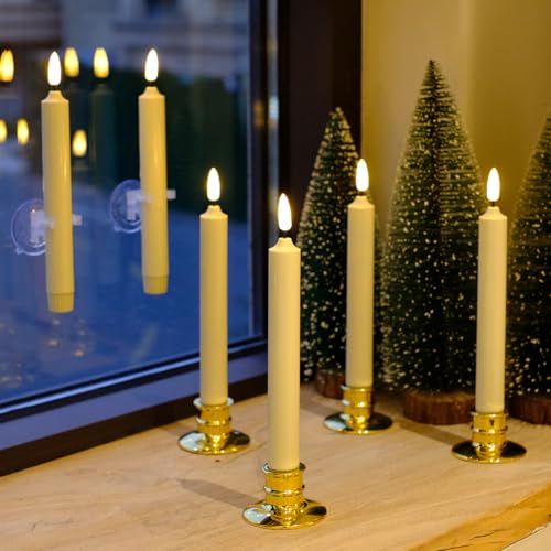 Image of NONNO & ZGF 6PACK Flameless 8'' Window Candles +12 AA Batteries(Include)+6 Suction Cup+6 Golden Candleholders. Battery Powered Ivory Taper Candles with Remote and Timer.Remote Included