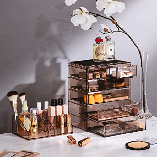 Image of Sorbus Acrylic Makeup Organizer Set, 6-Drawer Vanity & Countertop Cosmetic Storage with Small & Wide Compartments, Bronze Glow Makeup Storage for Brushes, Jewelry - Holiday Gift for Women & Teens