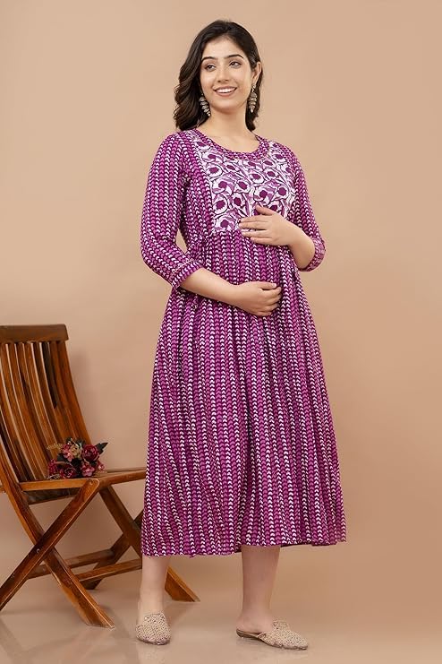 Image of Maternity Feeding Anarkali Kurti Dress for Women | Cotton Nursing Kurta with Both Side Zippers | Pregnancy & Nursing Wear | Comfortable Ethnic
