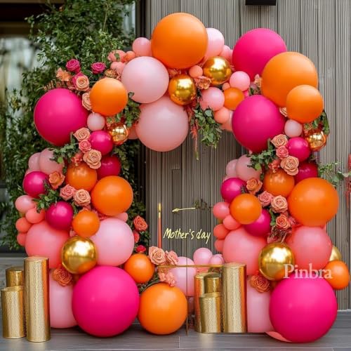 Image of Pink Orange Balloon Garland Double Stuffed Hot Pink Orange Gold Metallic Pastel Balloon Arch Kit for Birthday Sunset Bridal Shower Summer Tropical Fall Thanksgiving Party Decorations