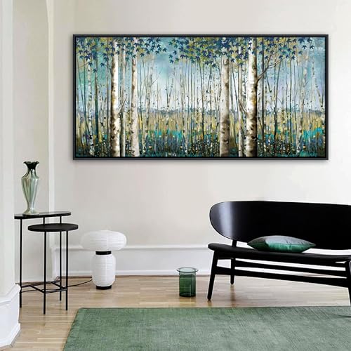 Image of Pogusmavi Tree of Life Wall Art - Large Nature Birch Tree Canvas Painting for Home Decor | Framed Green Artwork for Living Room, Bedroom, and Office | Teal Wall Art Decoration 24x48 Inch