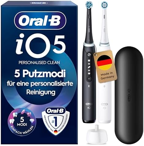 Oral-B iO Series 5 Elektrische Zahnbürste, Doppelpack, Schwarz/Weiß | Inkl. 2 Aufsteckbürsten, Reise-Etui, Electric Toothbrush mit 5 Putzmodi für Zahnpflege