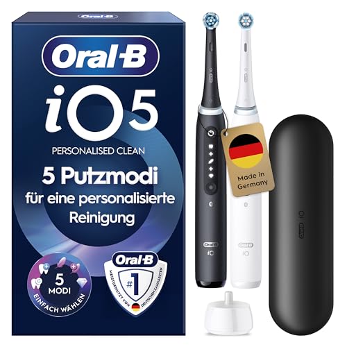 Oral-B iO Series 5 Elektrische Zahnbürste/Electric Toothbrush, Doppelpack, Magnet-Technologie, 2 Aufsteckbürsten, 5 Putzmodi für Zahnpflege, LED-Anzeige & Reiseetui