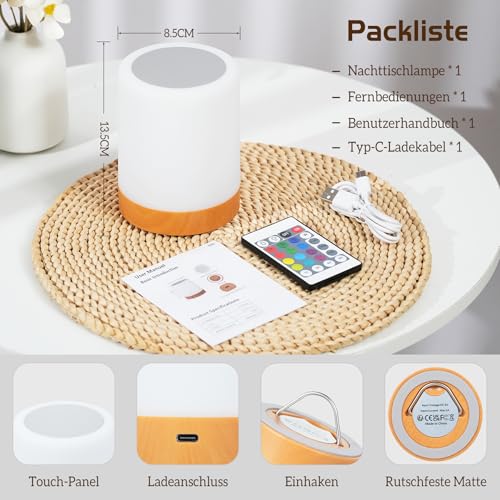 Bonsery Nachttischlampe Touch Dimmbar, Led Akku Tischlampe Kabellos mit USB Aufladbar, Baby Nachtlicht Kinder mit Timer & Memory für Schlafzimmer Badezimmer Wohnzimmer Party
