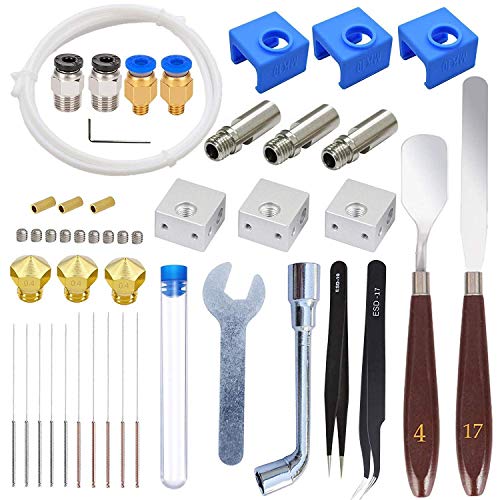 DollaTek 34 piezas Kit de accesorios de impresora 3d, boquillas + bloques calefactores + tubos de garganta + calcetines de silicona mk10 + agujas de limpieza + otras